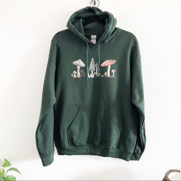 Gildan Other - MUSHROOM graphic hunter green hooded sweatshirt M